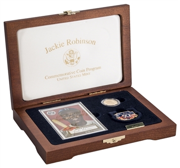 1997 Jackie Robinson 50th Anniversary Commemorative US Mint $5 Gold Coin and 1952 Replica Topps Card With Presentation Box